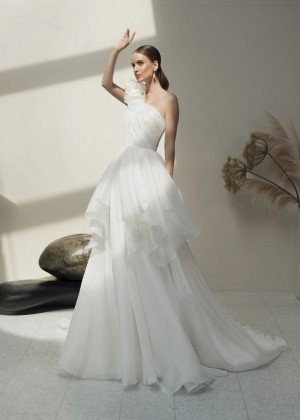 One Shoulder Ivory Pleated Organza Exquisite Wedding Dress